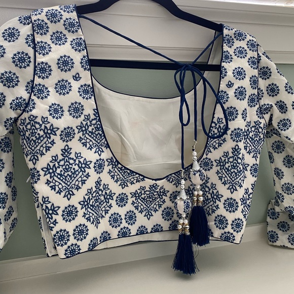 Navy Blue and White Silk Lengha - Picture 4 of 6